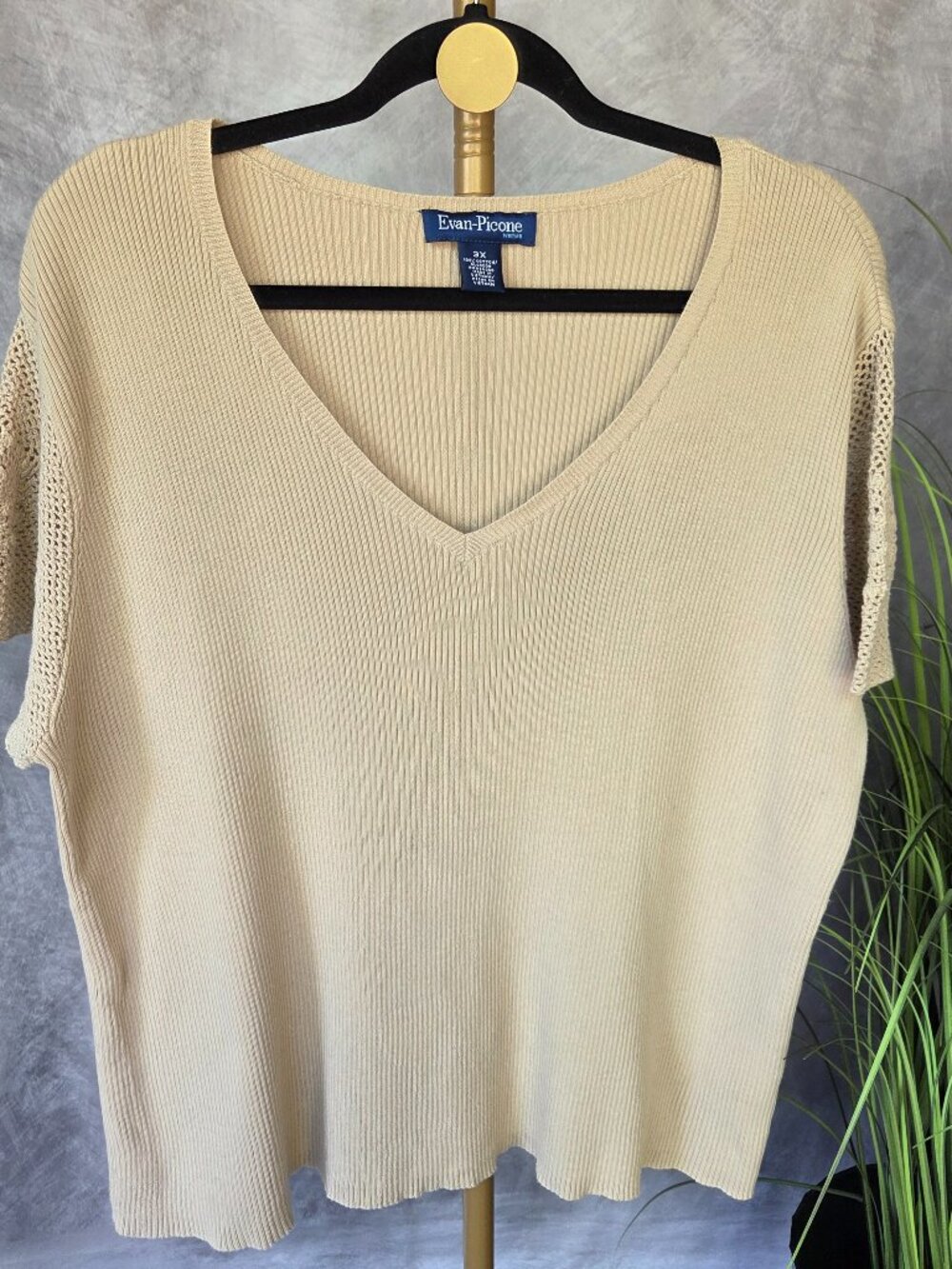 Vintage Evan Picone Beige Ribbed Knit Top With Crochet Sleeves Size 3X NWOT